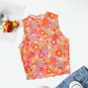 SHEIN Floral Lettuce Trim Festival Mesh Tank Crop Top Size Large